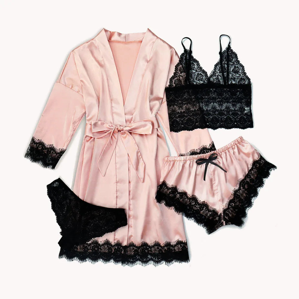 LunaLace™ – 4-teiliges Satin-Pyjama-Set mit Spitze