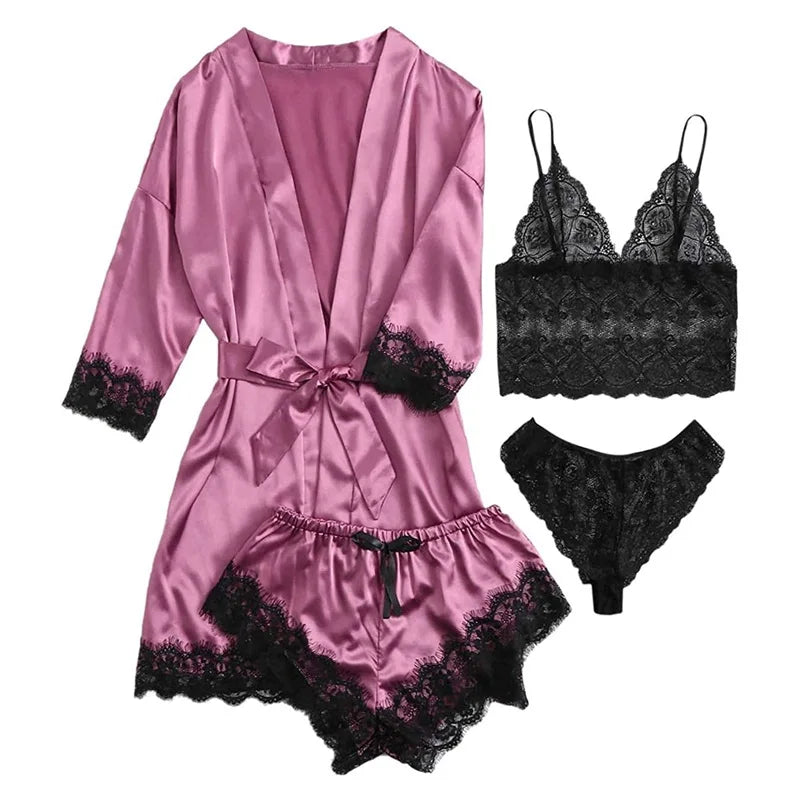 LunaLace™ – 4-teiliges Satin-Pyjama-Set mit Spitze
