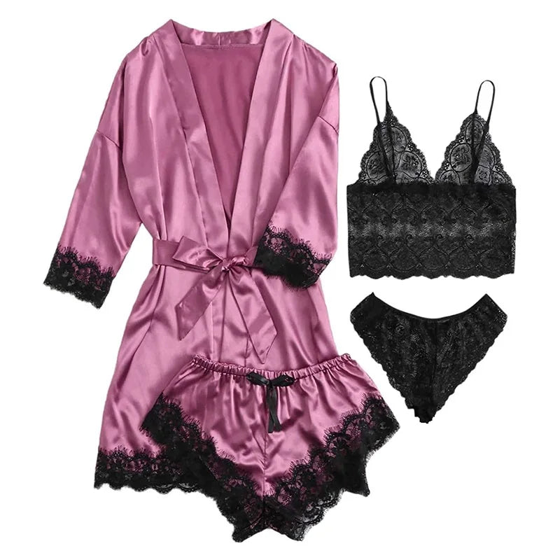 LunaLace™ – 4-teiliges Satin-Pyjama-Set mit Spitze