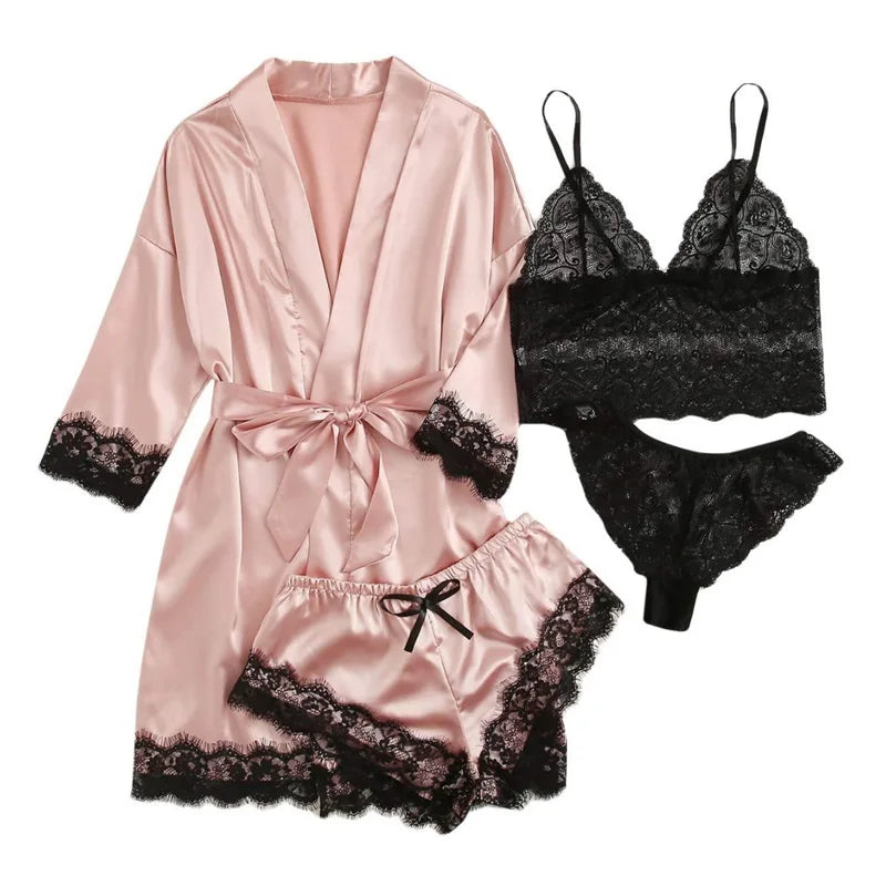 LunaLace™ – 4-teiliges Satin-Pyjama-Set mit Spitze