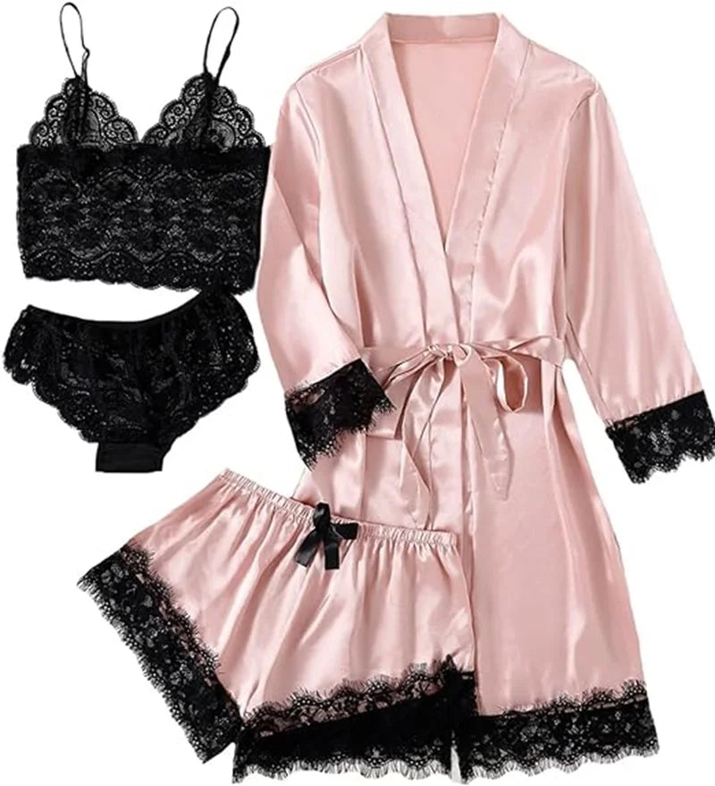LunaLace™ – 4-teiliges Satin-Pyjama-Set mit Spitze