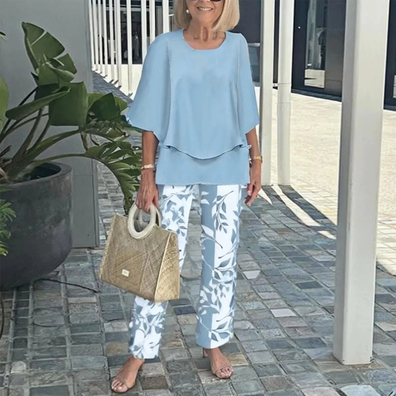 Elara™ | Zweiteiler – Gemusterte Hose & Unifarbenes Shirt