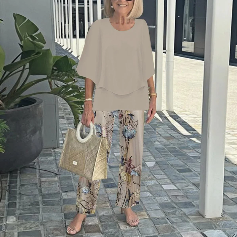 Elara™ | Zweiteiler – Gemusterte Hose & Unifarbenes Shirt