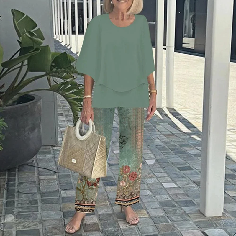 Elara™ | Zweiteiler – Gemusterte Hose & Unifarbenes Shirt