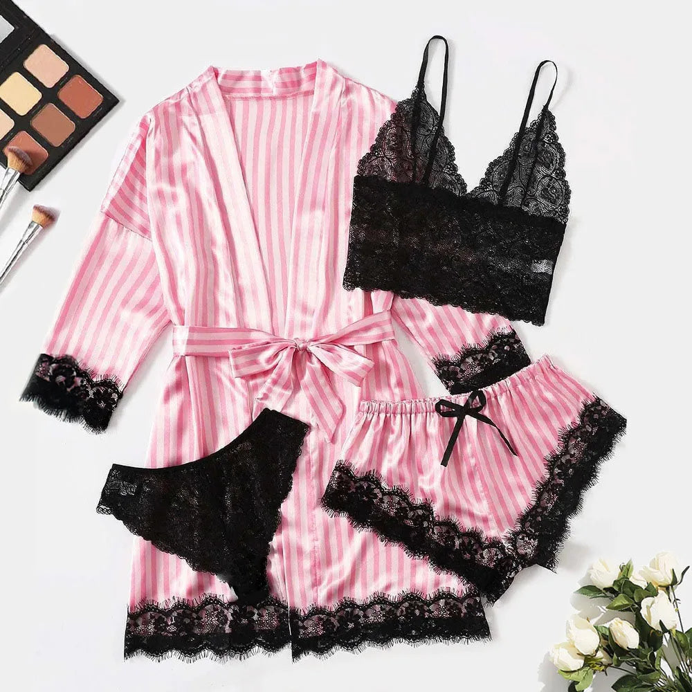 LunaLace™ – 4-teiliges Satin-Pyjama-Set mit Spitze