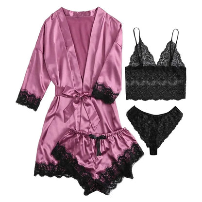 LunaLace™ – 4-teiliges Satin-Pyjama-Set mit Spitze