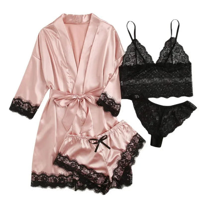 LunaLace™ – 4-teiliges Satin-Pyjama-Set mit Spitze