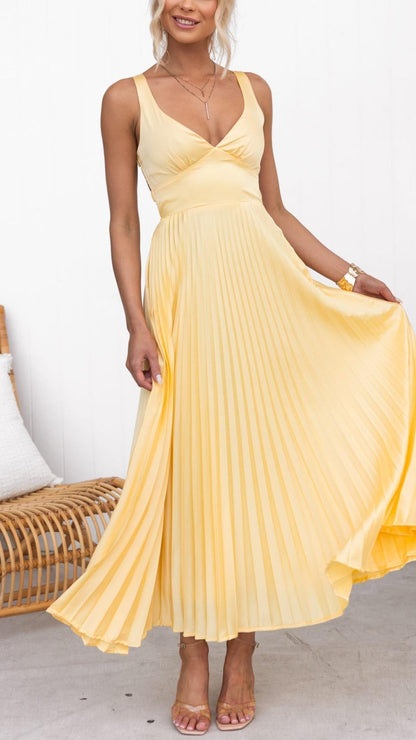 Aby™ - Gelbes Plissiertes V-Ausschnitt Maxikleid