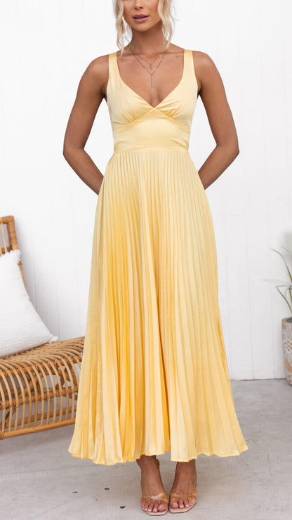Aby™ - Gelbes Plissiertes V-Ausschnitt Maxikleid