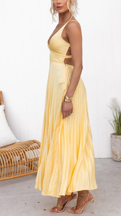 Aby™ - Gelbes Plissiertes V-Ausschnitt Maxikleid