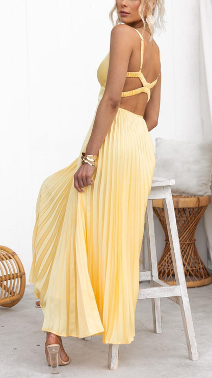 Aby™ - Gelbes Plissiertes V-Ausschnitt Maxikleid