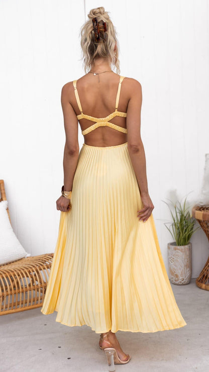 Aby™ - Gelbes Plissiertes V-Ausschnitt Maxikleid
