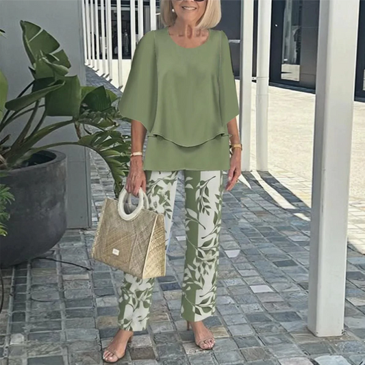Elara™ | Zweiteiler – Gemusterte Hose & Unifarbenes Shirt